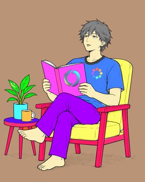 An illustration of a person with gray hair sitting in a yellow chair reading a pink book, wearing a blue shirt and purple pants, with a small plant on a side table.