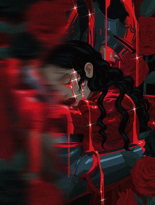A dark, stylized illustration of a person with long black hair and a bloodied face, surrounded by red liquid and roses against a shadowy red background.