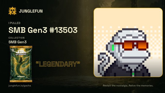 A Junglefun NFT gacha page showing a pulled "SMB Gen3 #13503" item rated "LEGENDARY" from the "Tales of Monker" collection, featuring a pixelated monkey character wearing red and green sunglasses.