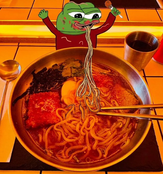 A photo of a large bowl of spicy Korean-style ramen noodles with chopsticks, overlaid with a Pepe the Frog meme character eating noodles.