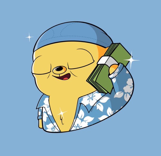 A cartoon illustration of a yellow, winking character wearing a blue cap and a blue floral Hawaiian shirt, holding a green bag of money while smiling against a light blue background.