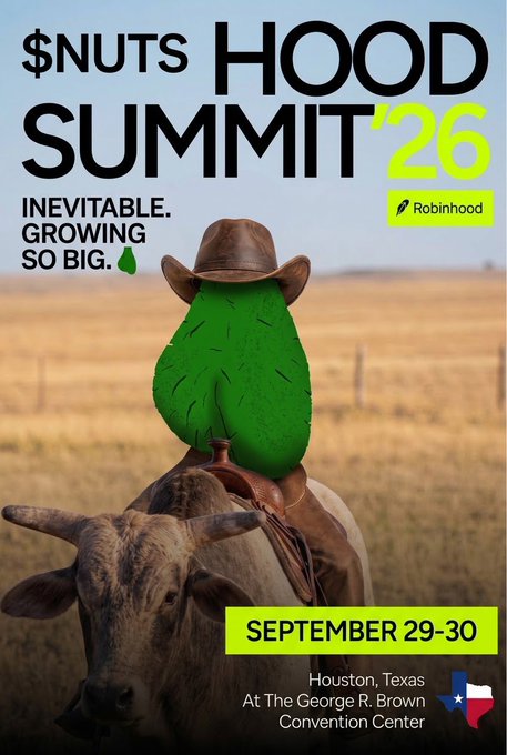 Promotional poster for "$NUTS HOOD SUMMIT '26" by Robinhood, dated September 29-30 in Houston, Texas, featuring a green pear-shaped character in a cowboy hat on a bull.