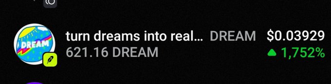 A cryptocurrency trading screen showing the token 'DREAM' with the description 'turn dreams into reali...' at a price of $0.03929, with holdings of 621.16 DREAM and a 1,752% gain.