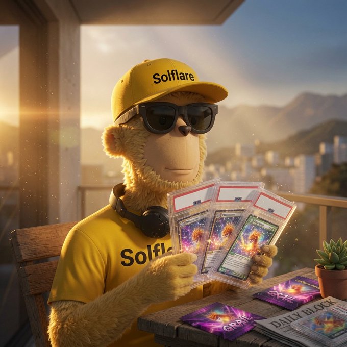 A digital illustration of a yellow bear-like character wearing sunglasses and a 'Solflare' cap and shirt, holding three graded holographic Pokemon cards on a balcony at sunset, with a newspaper and additional cards on the table.