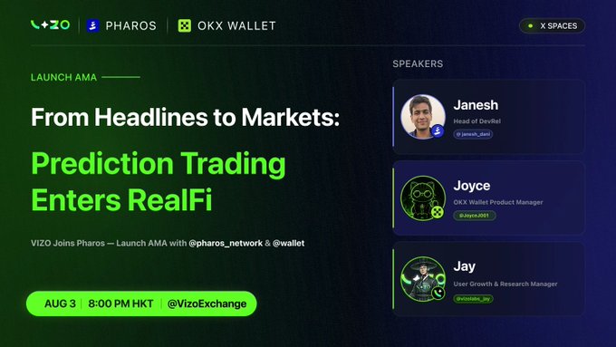 Promotional graphic for a VIZO, Pharos, and OKX Wallet Launch AMA titled "From Headlines to Markets: Prediction Trading Enters RealFi" on August 3 at 8:00 PM HKT (@VizoExchange), featuring speakers Janesh (DevRel), Joyce (Product Manager), and Jay (User Growth Manager) to promote their prediction trading announcement and AMA giveaway.
