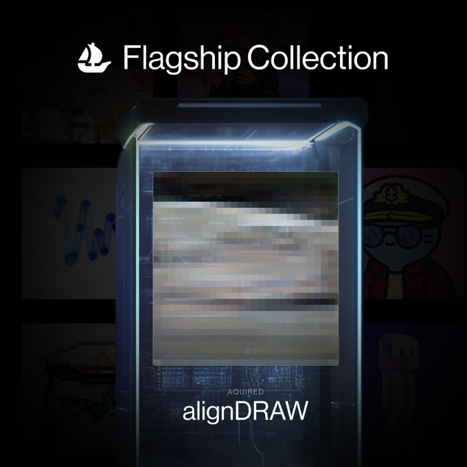 Dark promotional image titled 'Flagship Collection' featuring a glowing digital display showcasing an 'alignDRAW' acquired item, with pixelated NFT art in the background.