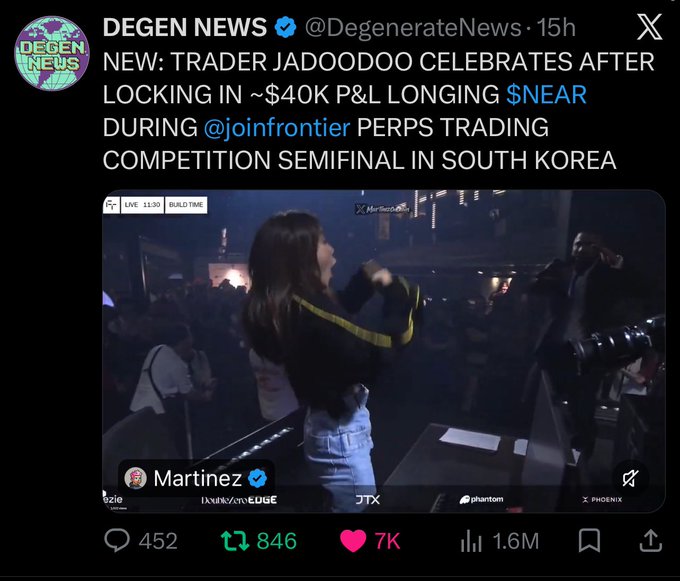 A screenshot of an X post from DEGEN NEWS (@DegenerateNews) reporting that trader Jadooodoo locked in ~$40K P&L longing $NEAR during a perps trading competition semifinal in South Korea.