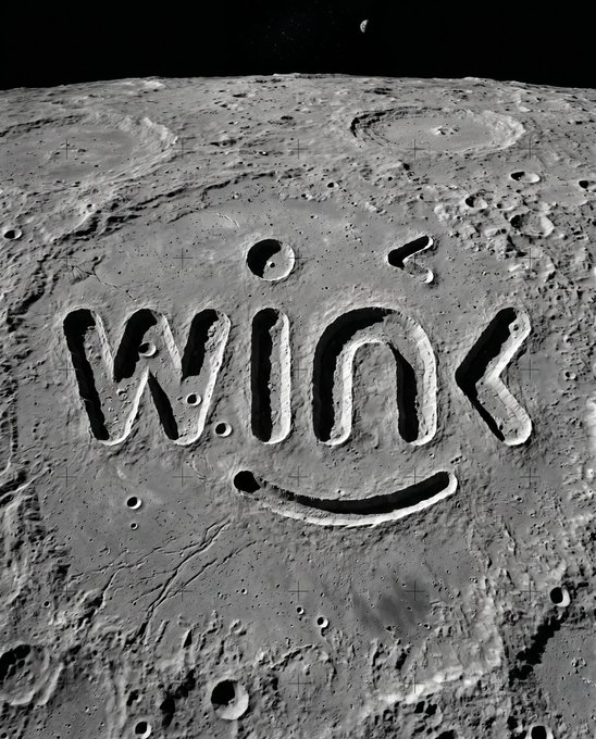 The image shows a grayscale view of the moon's cratered surface with the word "WINK" carved into it, playfully forming a smiley face below. This connects to the post by symbolizing how WINkLink serves as a reliable foundation, much like the moon, providing trusted data infrastructure that "lights up" and strengthens the $TRON ecosystem.