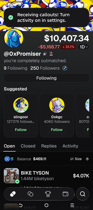 A social media profile on what appears to be a trading platform showing username '@0xPromiser' with a portfolio value of $10,407.34 (down 31%) and $469.11 balance.