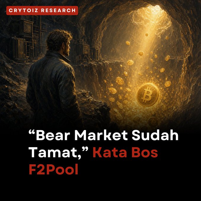 The image shows a crypto research graphic from "CRYTOIZ RESEARCH" featuring a dramatic scene of a man in a cave discovering glowing Bitcoin coins, with the headline "Bear Market Sudah Tamat," Kata Bos F2Pool" (Bear Market Has Ended, Says F2Pool Boss).

The imagery visually reinforces the post's narrative of Wang Chun's bold declaration that the bear market is over, using the discovery of hidden Bitcoin treasure as a metaphor for the potential bullish opportunity and accumulation phase he anticipates for crypto, supported by his significant investments of 70,600 ETH and 966 WBTC.