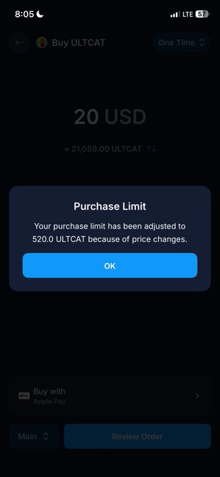 A mobile app screenshot showing a purchase of 20 USD (≈21,059 ULTCAT) with a pop-up message stating 'Your purchase limit has been adjusted to 520.0 ULTCAT because of price changes.'