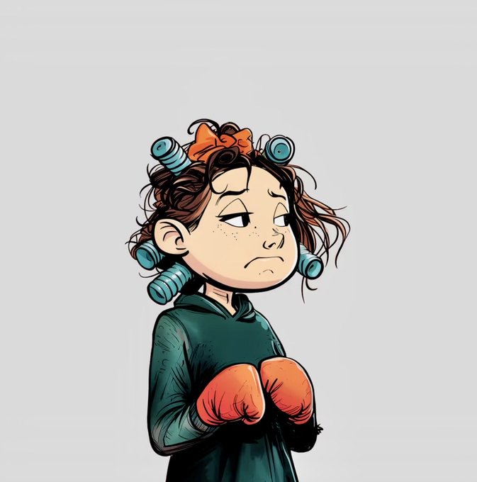 A digital cartoon illustration of a young woman with messy brown hair in curlers, an orange bow, freckles, and a bored expression, wearing a dark green robe and orange boxing gloves.