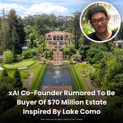 The image shows a luxurious Lake Como estate with manicured gardens and a fountain, alongside an inset photo of a bespectacled young man, captioned "xAI Co-Founder Rumored To Be Buyer Of $70 Million Estate Inspired By Lake Como."

This imagery ties to the post's thesis by illustrating how perceived wealth—through high-profile tech figures acquiring ultra-luxury properties—serves as a leading indicator of shifting consumption patterns in the tech cycle, where balance sheet reimagining precedes broader economic shifts.