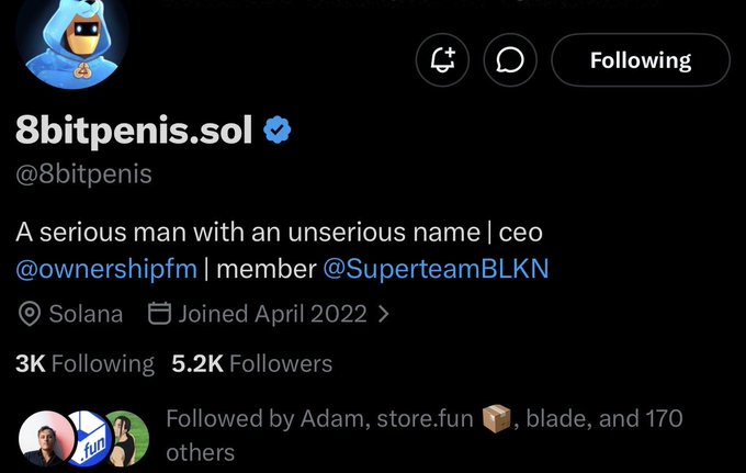 A Twitter/X profile screenshot for "8bitpenis.sol" (@8bitpenis) showing a blue-hooded masked avatar, with bio "A serious man with an unserious name | ceo @ownershippfm | member @SuperteamBLKN," joined in April 2022, with 5.2K followers and 3K following. The profile relates to the post by highlighting the account's verified membership in the SuperteamBLKN community referenced in the tweet.