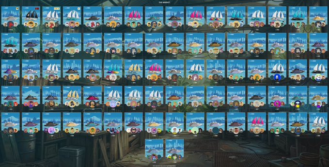 A screenshot from a game showing "THE RAREST" NFTs, featuring a large grid of various colorful duck character collectibles in an industrial setting.