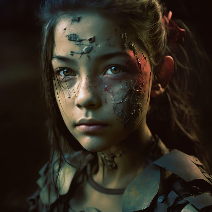 Cinematic portrait of a young girl with cyberpunk-style facial damage, showing cracked metallic skin on one side of her face with blood and debris details.
