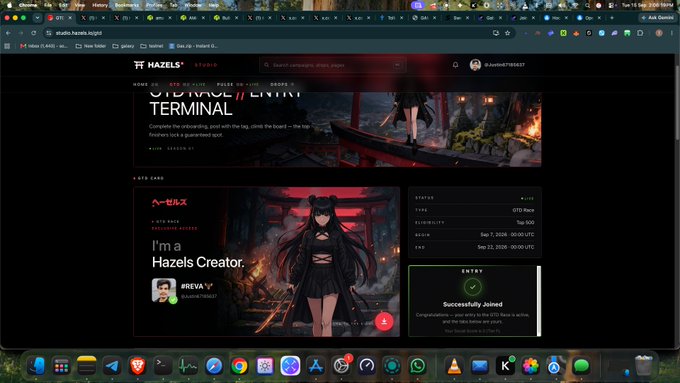 Screenshot of the Hazels Studio website showing a creator card titled 'I'm a Hazels Creator' with anime artwork, character stats, and a 'Successfully Joined' confirmation.