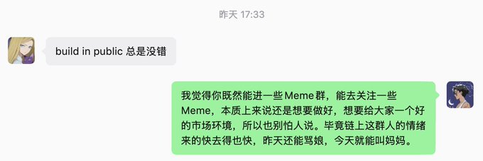 A WeChat conversation shows someone commenting "build in public 总是没错" (build in public is never wrong), to which a response explains that joining Meme groups and following Meme coins is essentially about wanting to create a good market environment for everyone, warning about the volatile nature of crypto community emotions where "yesterday they called you daddy, today they call you mom."

The image doesn't directly relate to the post's story about waking up early, smoking, and missing a crypto opportunity with @CCPiggy_, but thematically connects through the cautionary perspective on crypto communities—reflecting the poster's regret about not getting in on a trade, mirroring the chat's warning about how quickly sentiment can flip in the space.