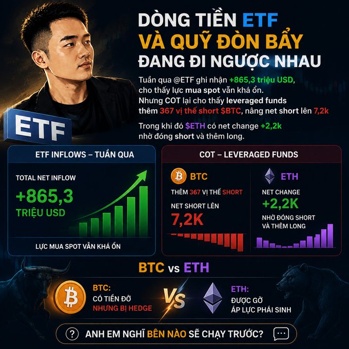 Vietnamese crypto market infographic titled 'DÒNG TIỀN ETF VÀ QUỶ ĐÒN BẨY ĐANG ĐI NGƯỢC NHAU' showing ETF inflows of +$865.3M, leveraged funds shorting BTC, and comparing BTC vs ETH.