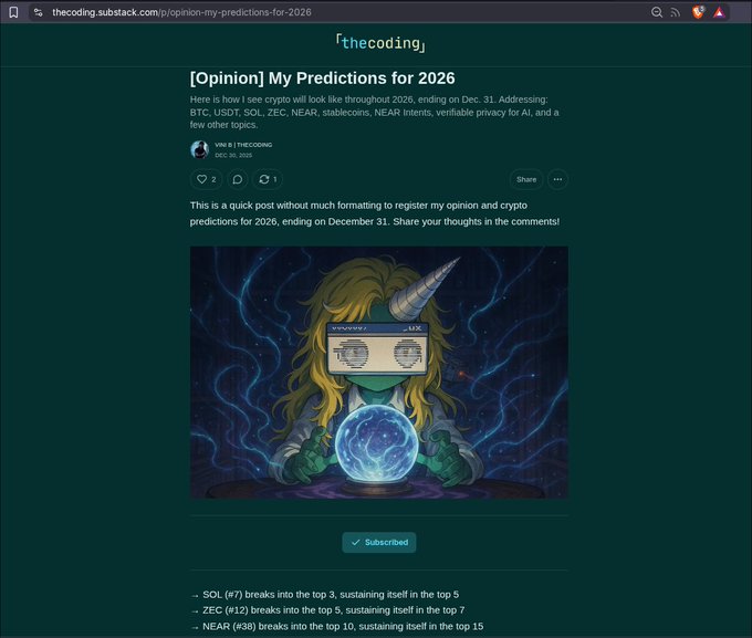 A Substack article titled "[Opinion] My Predictions for 2026" by Vin B. on thecoding.substack.com, featuring an AI-themed illustration and predictions that SOL will be top 5, ZEC will be top 7, and NEAR will be top 15.