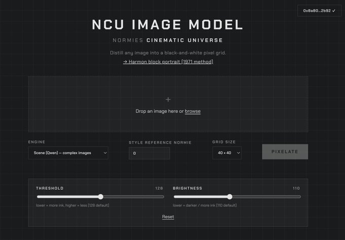 A screenshot of an interface titled 'NCU IMAGE MODEL' (Normies Cinematic Universe) with options to drop an image, set engine to 'Scene (Qwen)', style reference, grid size 40x40, threshold 128, and brightness 110.