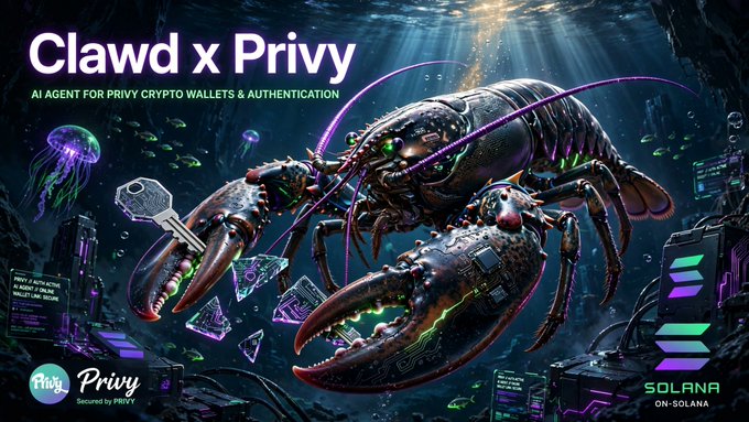 A digital artwork titled 'Clawd x Privy' features a large mechanical lobster with glowing purple antennae holding a key, with text reading 'AI AGENT FOR PRIVY CRYPTO WALLETS & AUTHENTICATION' and branding for 'Pliny', 'Privy', and 'SOLANA' at the bottom.