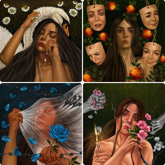 A four-panel digital illustration of a woman with dark hair in various artistic scenes, including one where she is sheltered by a swan and another where she is surrounded by hanging theatrical masks.