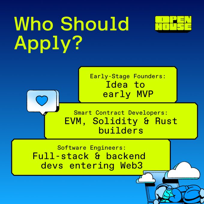 A blue and neon-green infographic titled "Who Should Apply?" for an "OPEN HOUSE," listing early-stage founders, smart contract developers (EVM, Solidity & Rust builders), and software engineers (full-stack & backend devs entering Web3).