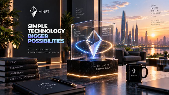 Promotional graphic for 'AINFT' featuring an Ethereum logo inside a glowing cube, with text 'SIMPLE TECHNOLOGY BIGGER POSSIBILITIES' and 'AI + BLOCKCHAIN A MORE OPEN TOMORROW'.