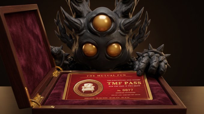 A menacing dark creature with glowing golden eyes peers over an ornate wooden box displaying a red card titled "THE MUTUAL FUN" with "TMF PASS No. 0077," implying the satirical "Mutual Fund" membership grants one the right to claim a seat ("one TMF pass is two seats") — humorously matching the post "GN! No chair, No excuse."