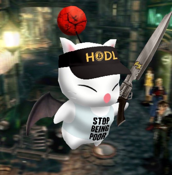 A cute Moogle-inspired NFT character wearing a black "HODL" visor and a "STOP BEING POOR" shirt wields a sword while balancing a cracked red orb on its head, blending Final Fantasy Moogle charm with crypto culture to promote the KUPO NFT giveaway on Robinhood.