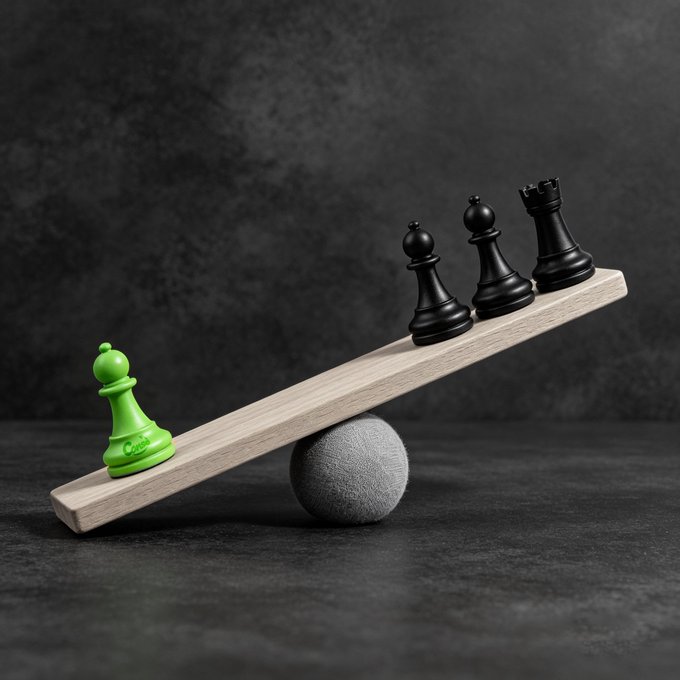 A wooden plank balanced on a gray sphere acts as a seesaw, with a single green pawn on the lower end and three black pieces (two pawns and a rook) on the raised end, set against a dark textured background.