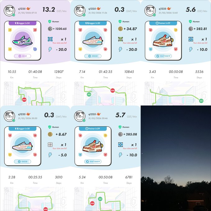 The image shows a collage of different screens displaying various information, including a clock showing the time as 5:44 PM. The screens also display a variety of sneakers with different colors and designs, along with other details such as the number of steps taken or calories burned during a run. The post is titled "#stepn ウォーキング ジョギング #アメリカから高知まで歩いて稼いてみよう 488日目 #今年毎日走ってる ループせず". The collage includes screens for tracking steps, calories burned, and other information related to running.