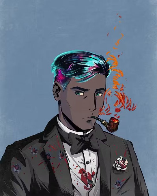 The image depicts a stylishly illustrated man in a formal black tuxedo with a bow tie, smoking a pipe that emits orange flames, with bullet holes and blood splatters on his suit, and vibrant turquoise and pink hair. The post expresses the author's belief that NFTs are not dead and seeks recommendations for promising NFT projects in tech or socials, which thematically contrasts with the "dead but not really" vibe suggested by the bloodied, bullet-ridden yet composed figure in the image—perhaps symbolizing resilience and continued relevance.