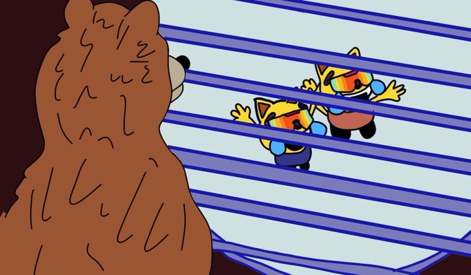 A cartoon shows two orange cats in sunglasses peering through window blinds, with a brown bear character in the foreground.