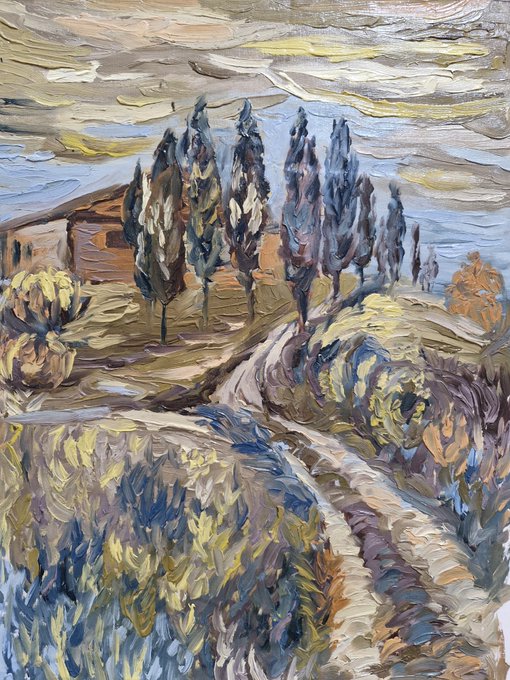 An impressionist-style oil painting depicting a rural landscape with tall cypress-like trees, rolling hills, and a winding dirt path rendered in textured strokes of blue, yellow, and earth tones.
