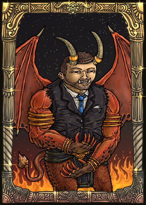 An illustrated tarot-style card depicts a horned, red-skinned demon in a business suit and vest, with bat wings and clawed hands, framed by ornate gold columns against a starry background and flames.