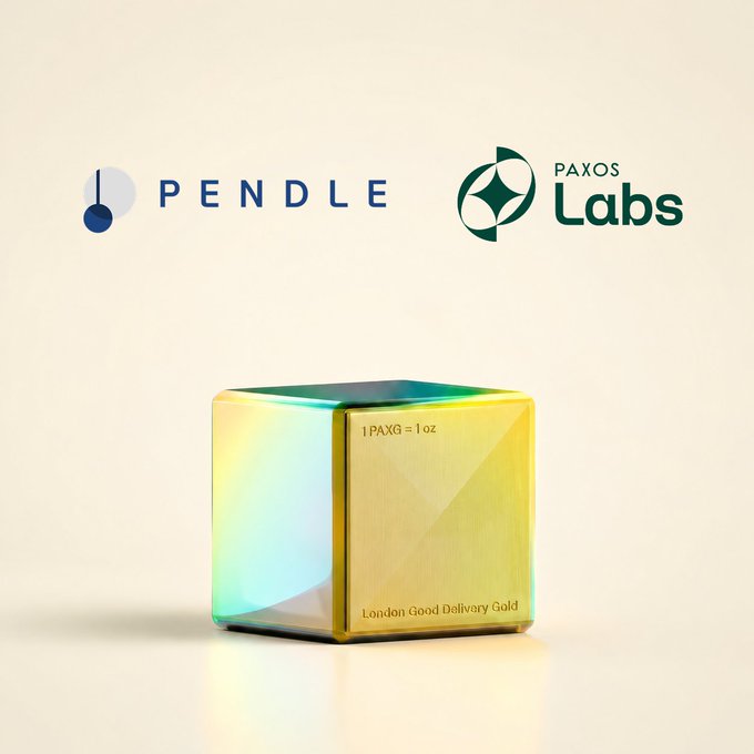 An advertisement featuring the logos of 'PENDLE' and 'PAXOS Labs' above a glowing gold cube labeled '1 PAXG = 1 oz' and 'London Good Delivery Gold'.