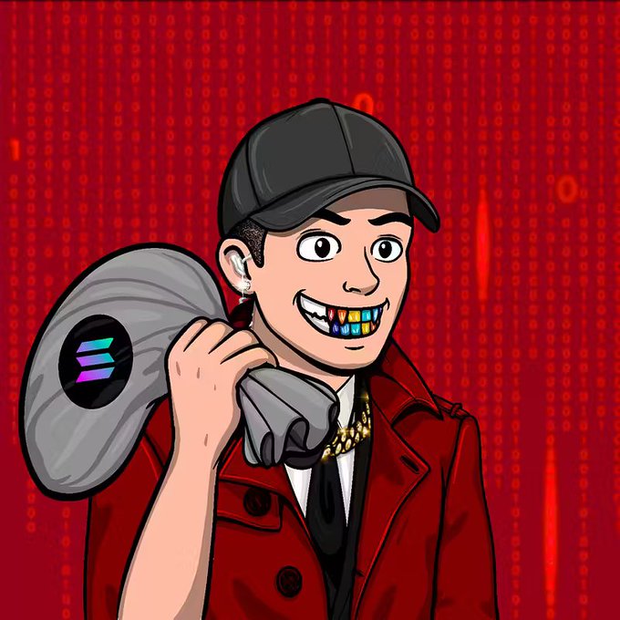 Cartoon illustration of a smiling character wearing a black cap, red coat, gold chain, and colorful grills, carrying a Solana-branded bag over his shoulder against a red digital background.