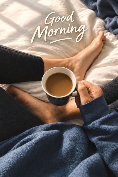 A cozy, warmly lit morning photo showing a person wrapped in a blue blanket holding a cup of coffee, with the text "Good Morning" overlaid in a cursive white font.