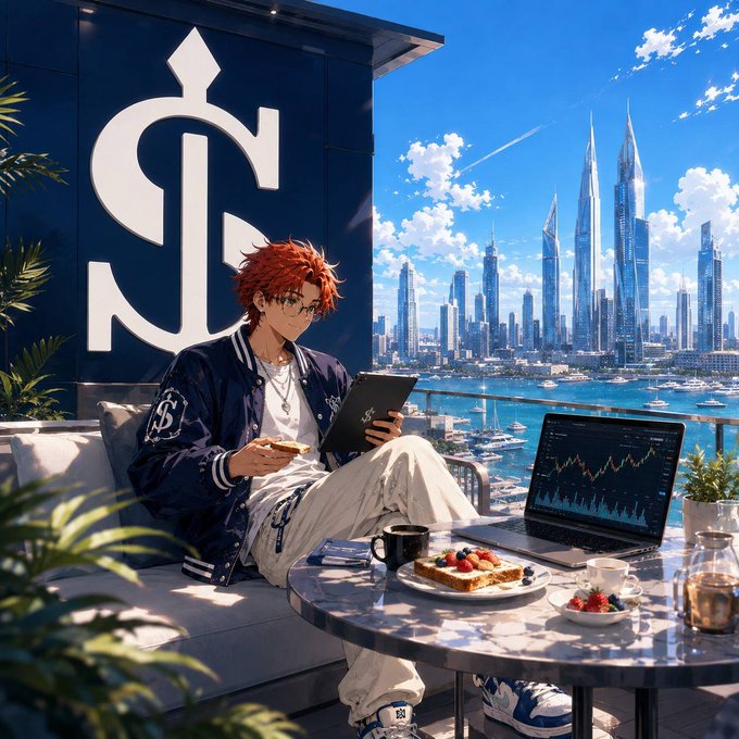 Anime-style illustration of a red-haired male character in a black bomber jacket sitting on a patio overlooking a futuristic city skyline with a laptop showing a stock chart on the table beside him.