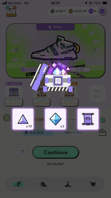 A screenshot of a mobile game (Walker app) showing a sneaker, energy refill items, and a 'Continue' button on a 16:31 timed screen.