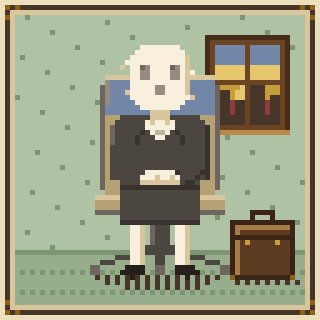 A pixel-art image of a bald figure in a dark outfit sitting in a chair in a green room with a window and a brown suitcase on the floor, with a black and white border.