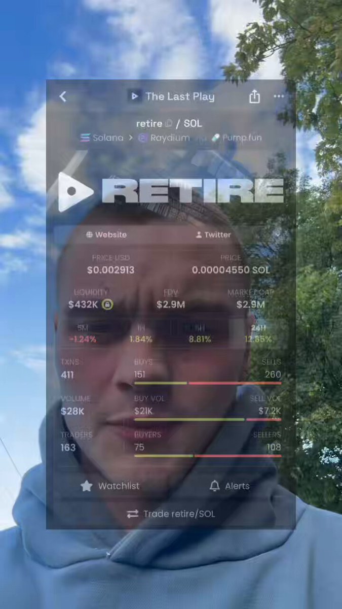 The image features a man wearing a blue hoodie, with his face displayed prominently against a clear sky background. The text "My tokenised 401k is up whilst the market is down! Imagine what happens when the markets green..." is written below him. This message seems to be related to the post about retirement and investing in a 401(k).