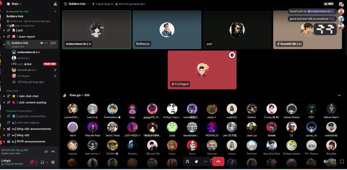 The image is a screenshot of a Discord server for "Builder's Hub" at Rialo, showing a voice chat interface with active speakers like "exlusiveclow," "l0silku," "Erickgoz1," and "Nashcible" with 509 members displayed below. The accompanying post highlights two new Rialo ecosystem projects, including an AI-powered Solidity smart contract training tool, which aligns with the developer-focused community shown in the chat.
