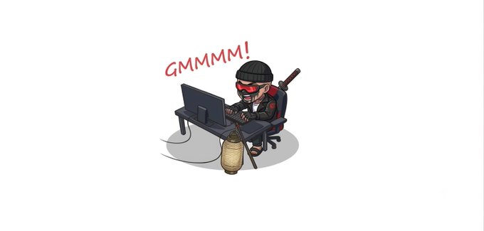 A cartoon burglar in a striped shirt and mask types intensely on a computer with a 'GMMMM!' expression, holding a crowbar and lantern.