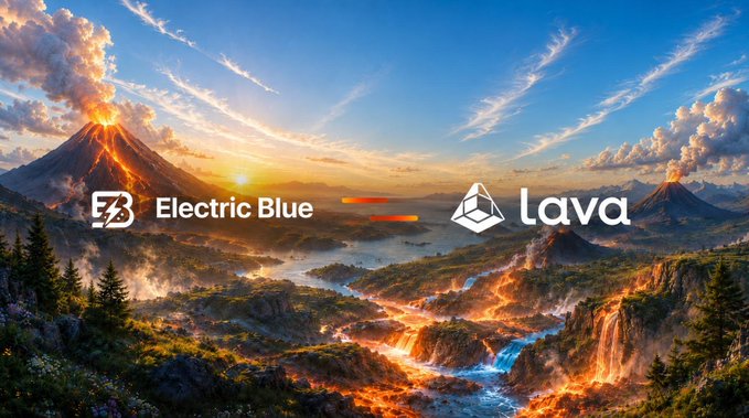 The image features two logos against a dramatic volcanic landscape: "Electric Blue" on the left and "Lava" on the right, separated by an equals sign. This visual metaphor connects Lava's RPC infrastructure (the conduit) to Electric Blue's €500M tokenization of Germany's storage assets (the energy), illustrating how Lava powers the on-chain access for tokenized energy infrastructure.