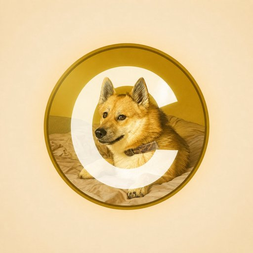 A shiba inu dog wearing a brown collar rests on a bed, framed within a circular yellow-toned graphic featuring a large white "C" overlay, visually referencing the Doge2 meme token highlighted in the on-chain narrative post.