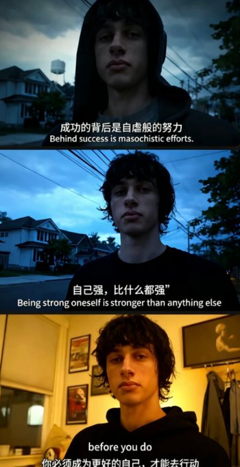 A three-panel collage of a young man in a hoodie with motivational captions in Chinese and English: 'Behind success is masochistic efforts,' 'Being strong oneself is stronger than anything else,' and 'before you do.'
