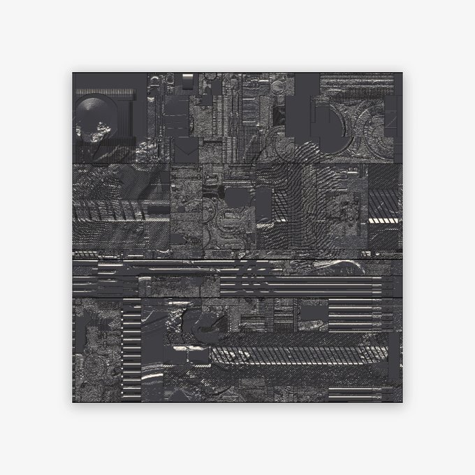An abstract, monochromatic gray collage artwork composed of various rectangular and square fragments featuring textured patterns, horizontal lines, and architectural-like elements.